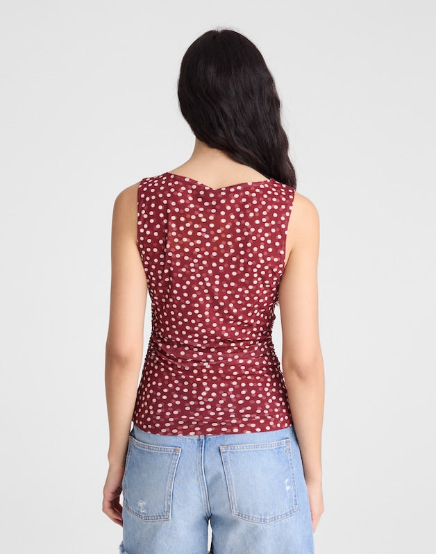 Cinched Double-Layered Mesh Top RED CURRANT