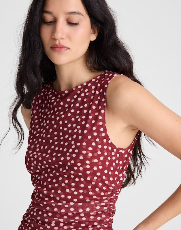Cinched Double-Layered Mesh Top RED CURRANT