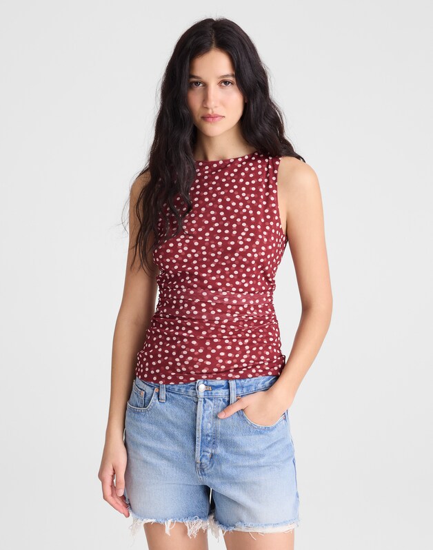 Cinched Double-Layered Mesh Top RED CURRANT