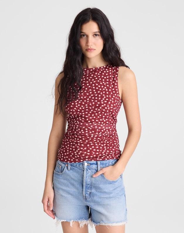 Cinched Double-Layered Mesh Top RED CURRANT