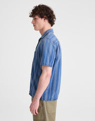 The Short-Sleeve Camp Shirt in Indigo Linen-Cotton Blend NEAL STRIPE