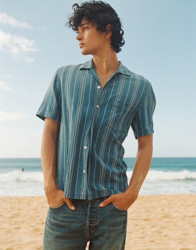 The Short-Sleeve Camp Shirt in Indigo Linen-Cotton Blend NEAL STRIPE