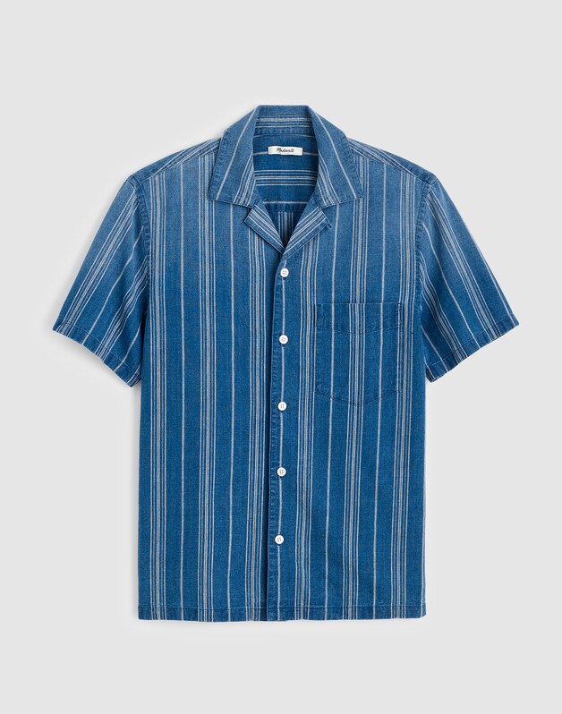 The Short-Sleeve Camp Shirt in Indigo Linen-Cotton Blend NEAL STRIPE