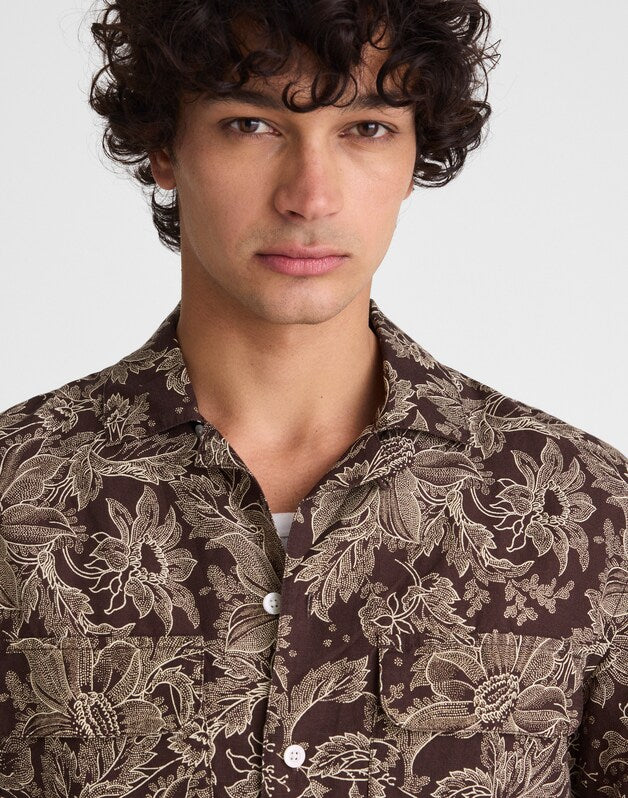 Short-Sleeve Camp Shirt in Archive Linen Blend FLORAL STIPPLED TOILE PRINT