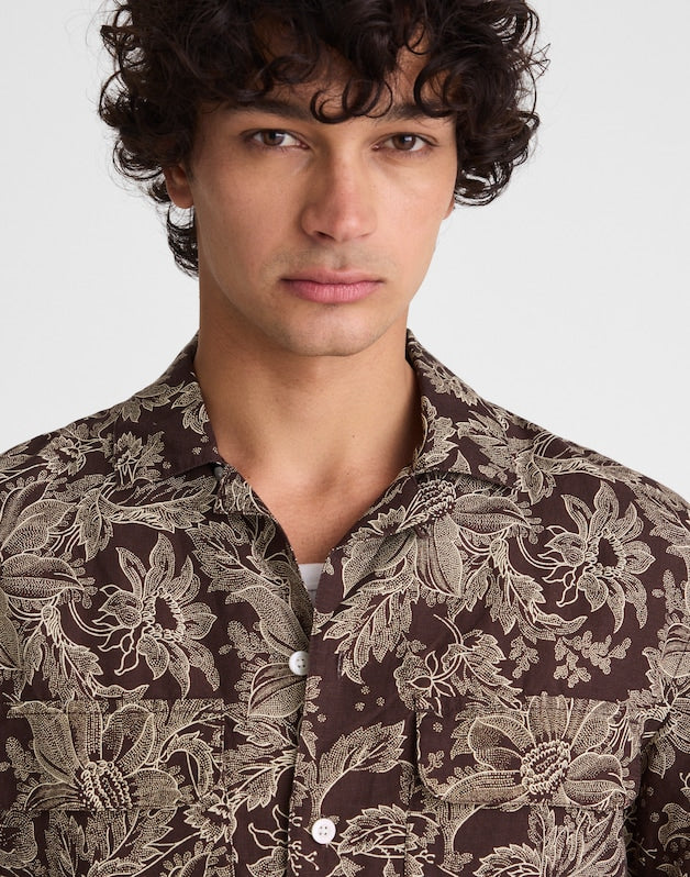 Short-Sleeve Camp Shirt in Archive Linen Blend FLORAL STIPPLED TOILE PRINT