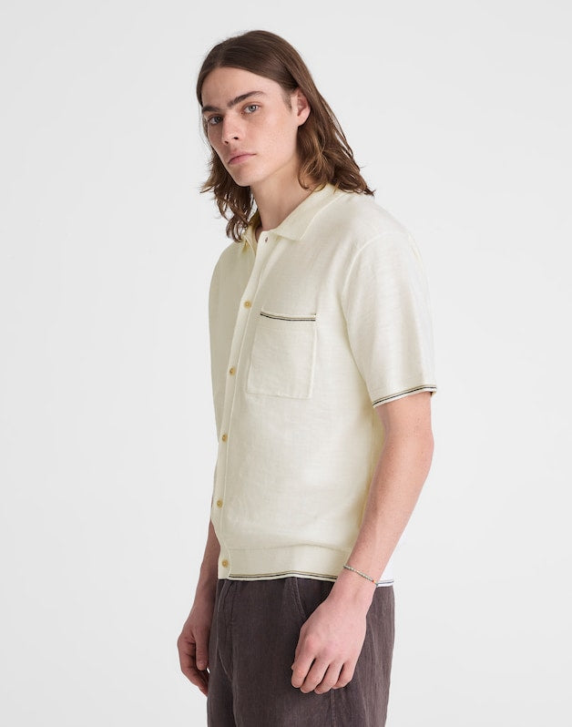 Tipped Knit Button-Up Shirt in Slub Knit Cotton NATURAL