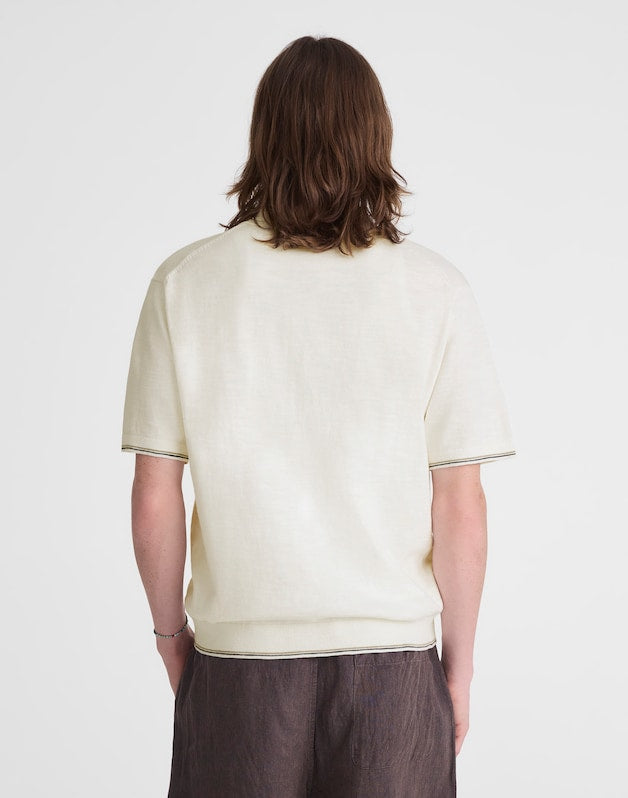 Tipped Knit Button-Up Shirt in Slub Knit Cotton NATURAL