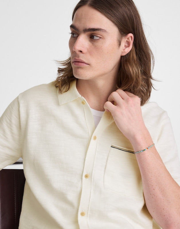 Tipped Knit Button-Up Shirt in Slub Knit Cotton NATURAL