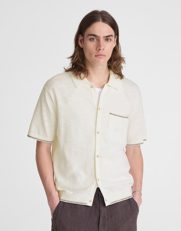 Tipped Knit Button-Up Shirt in Slub Knit Cotton NATURAL