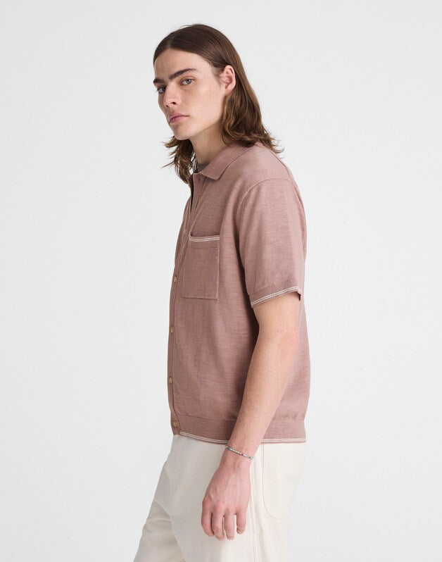 Tipped Knit Button-Up Shirt in Slub Knit Cotton PALE THISTLE