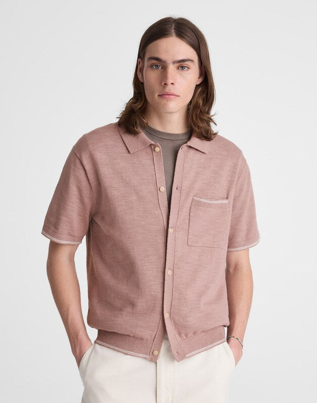Tipped Knit Button-Up Shirt in Slub Knit Cotton PALE THISTLE