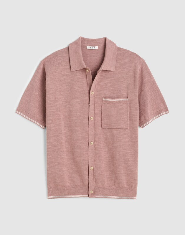 Tipped Knit Button-Up Shirt in Slub Knit Cotton PALE THISTLE