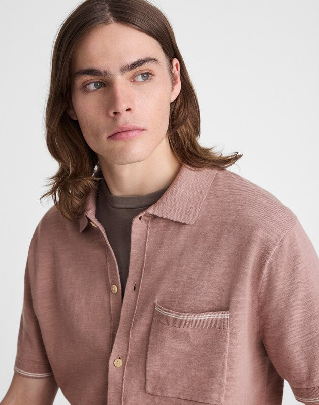 Tipped Knit Button-Up Shirt in Slub Knit Cotton PALE THISTLE