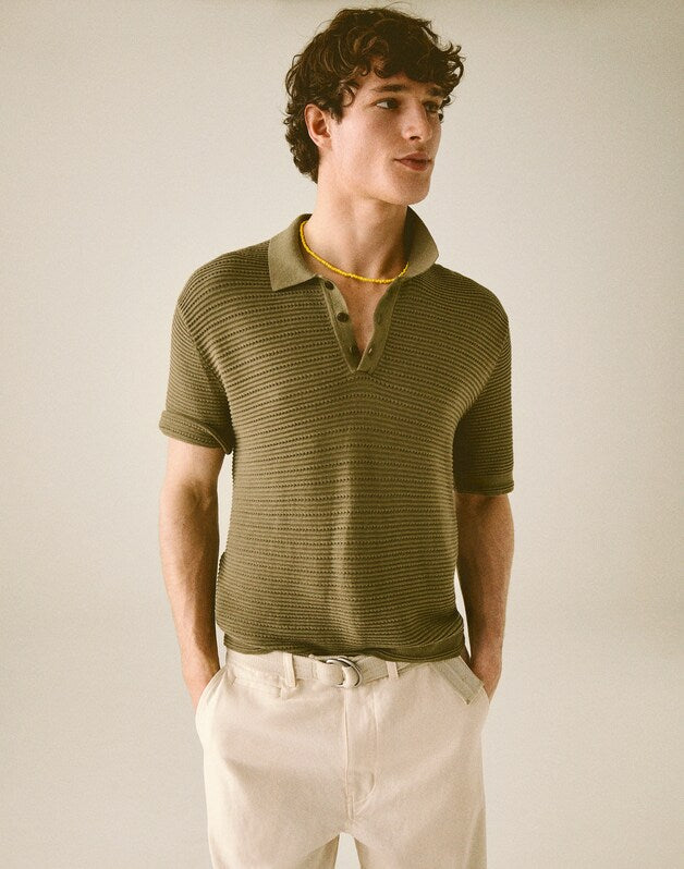 Textured Open-Stitch Polo OLIVE STONE