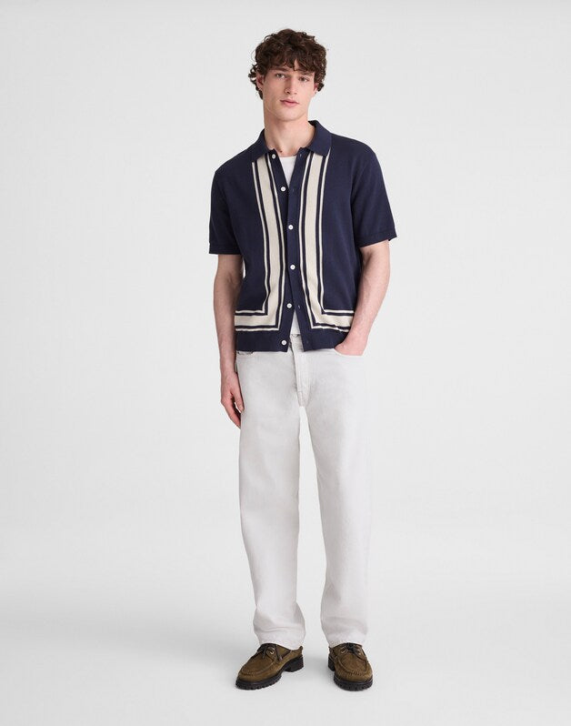 Knit Button-Up Shirt in Border Stripe INK