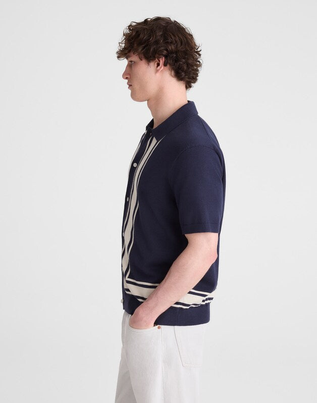 Knit Button-Up Shirt in Border Stripe INK