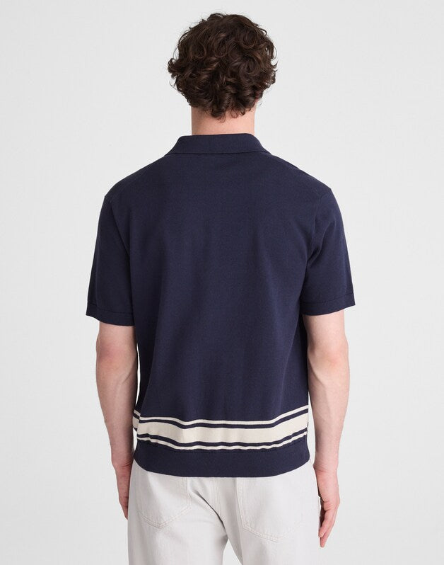 Knit Button-Up Shirt in Border Stripe INK