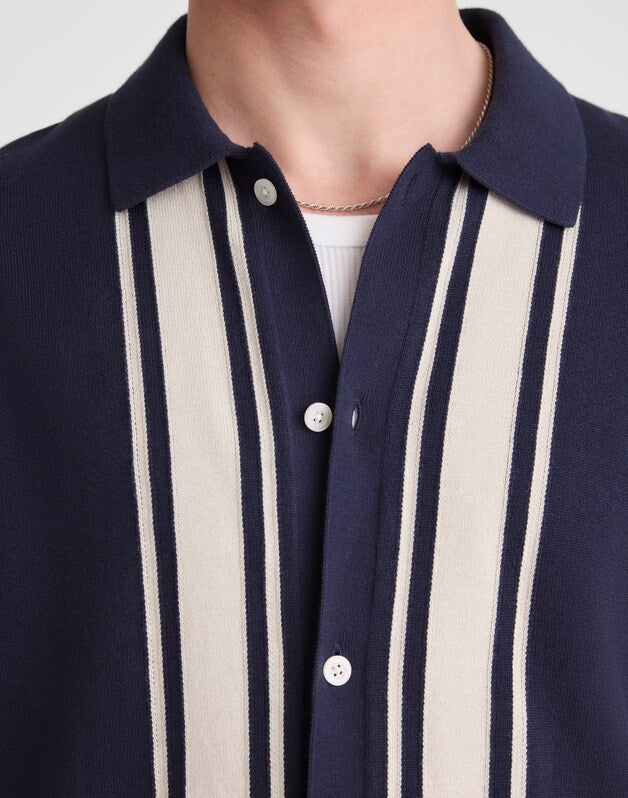 Knit Button-Up Shirt in Border Stripe INK