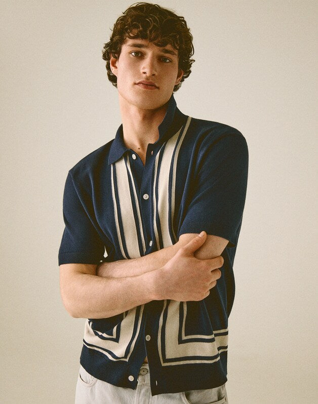 Knit Button-Up Shirt in Border Stripe INK