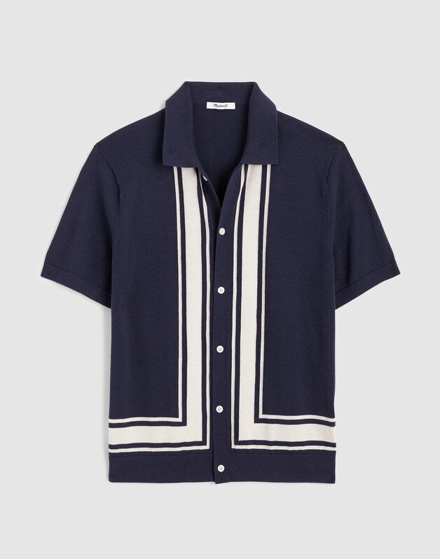 Knit Button-Up Shirt in Border Stripe INK
