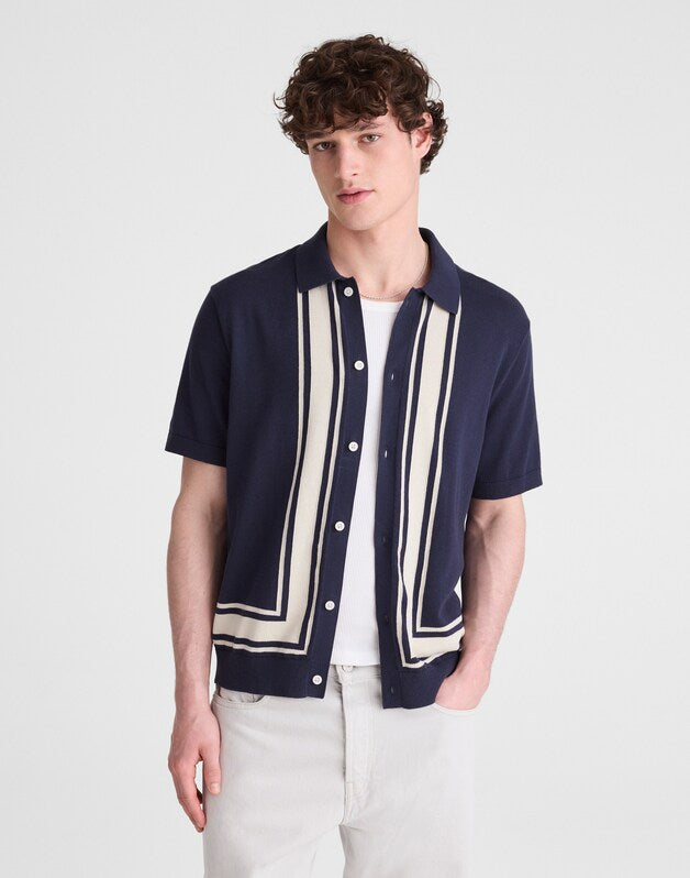 Knit Button-Up Shirt in Border Stripe INK