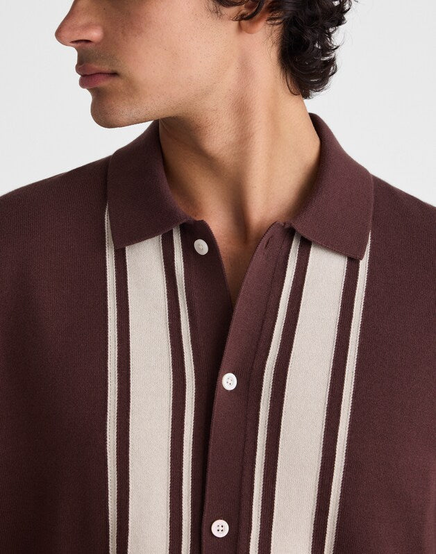 Knit Button-Up Shirt in Border Stripe RUM RAISIN