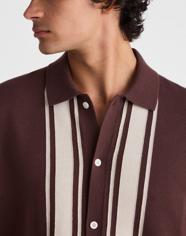 Knit Button-Up Shirt in Border Stripe RUM RAISIN