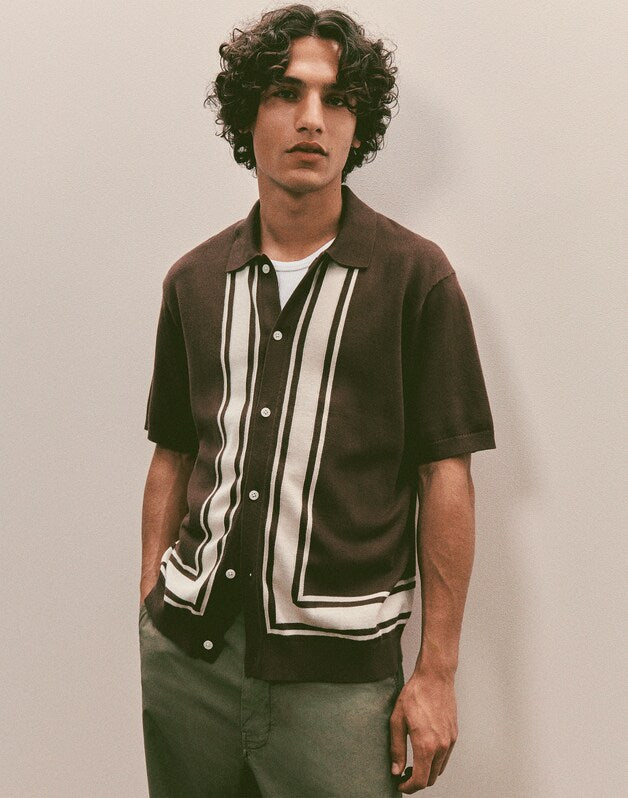 Knit Button-Up Shirt in Border Stripe RUM RAISIN