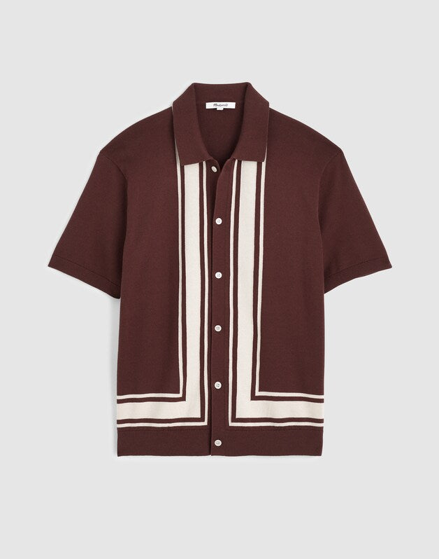 Knit Button-Up Shirt in Border Stripe RUM RAISIN