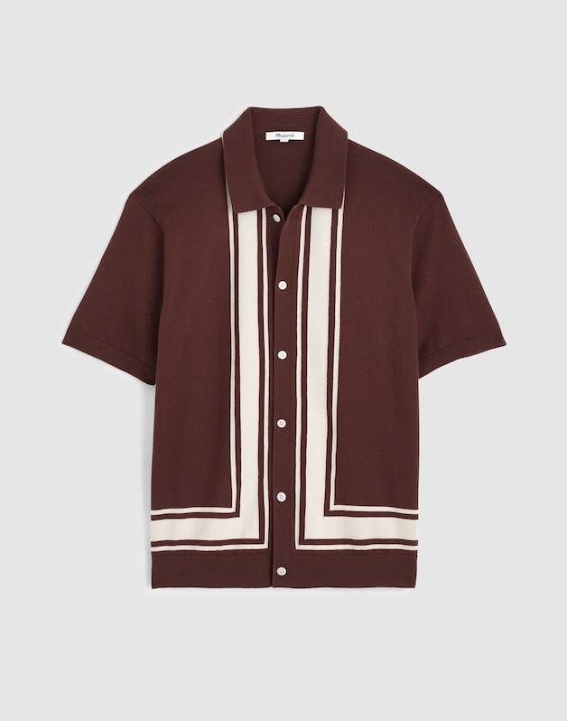 Knit Button-Up Shirt in Border Stripe RUM RAISIN