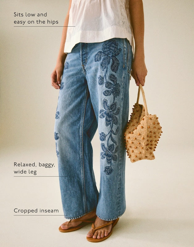 Embroidered Low-Slung Baggy Crop Jeans WORN MID INDIGO