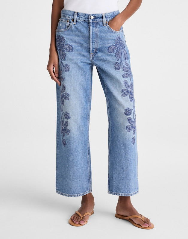 Embroidered Low-Slung Baggy Crop Jeans WORN MID INDIGO