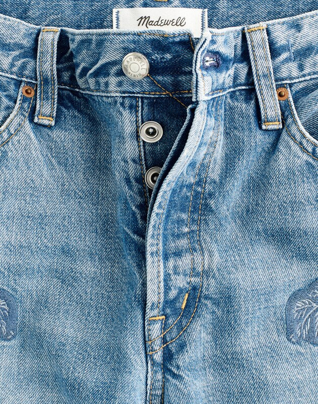 Embroidered Low-Slung Baggy Crop Jeans WORN MID INDIGO