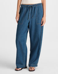 Pull-On Barrel-Leg Utility Pants in Airy Denim MARINA BLUE