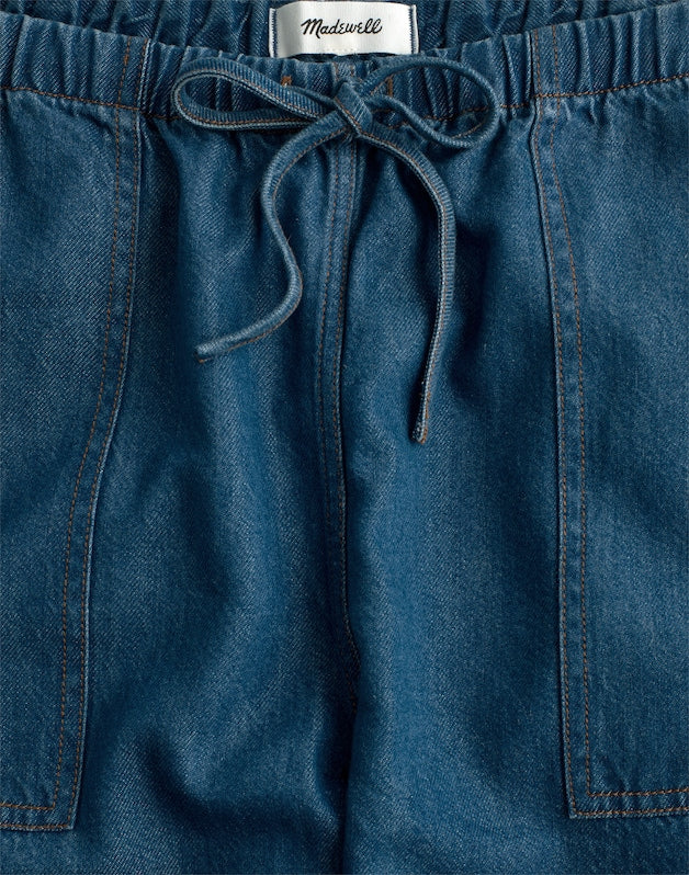 Pull-On Barrel-Leg Utility Pants in Airy Denim MARINA BLUE