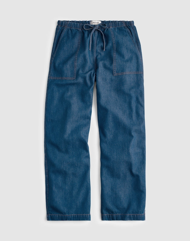 Pull-On Barrel-Leg Utility Pants in Airy Denim MARINA BLUE