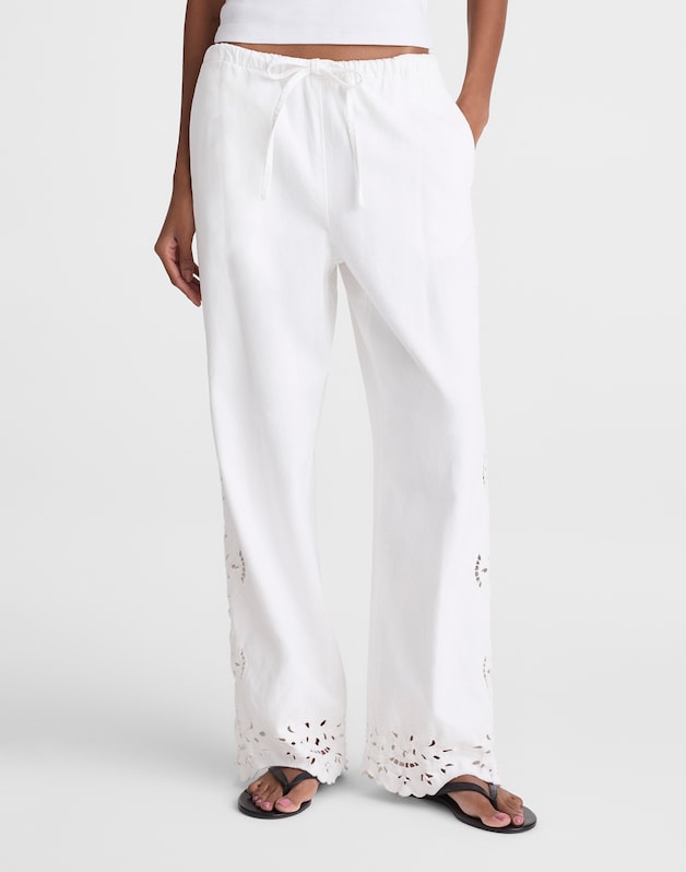 Embroidered Denim Pull-On Pants TILE WHITE
