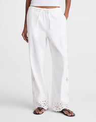Embroidered Denim Pull-On Pants TILE WHITE