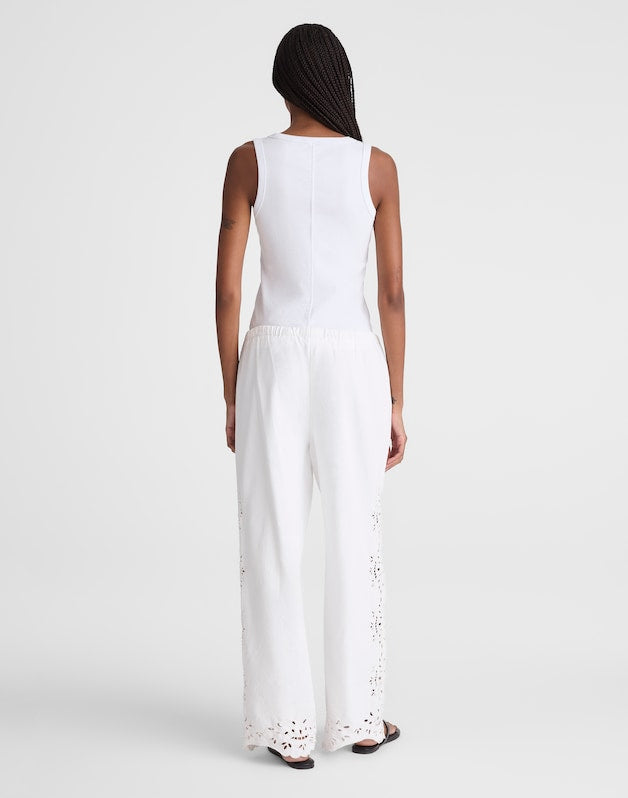 Embroidered Denim Pull-On Pants TILE WHITE