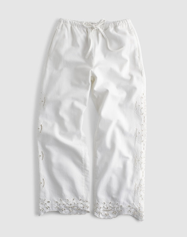 Embroidered Denim Pull-On Pants TILE WHITE