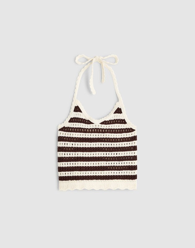 Madewell x Shopbop Pointelle-Knit Halter Top BROWN AND IVORY STRIPE