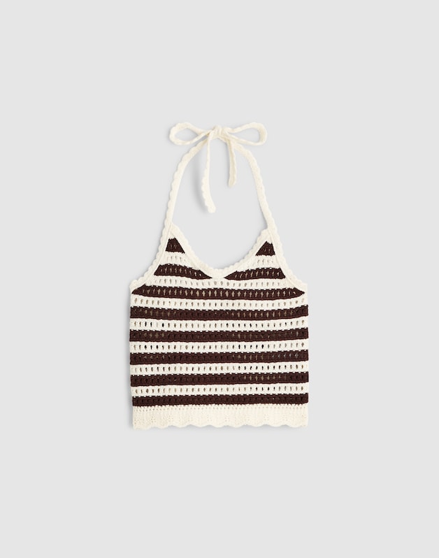 Madewell x Shopbop Pointelle-Knit Halter Top BROWN AND IVORY STRIPE