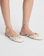 Madewell x Shopbop Greta Ruched Ankle-Tie Flat in Leather VINTAGE IVORY