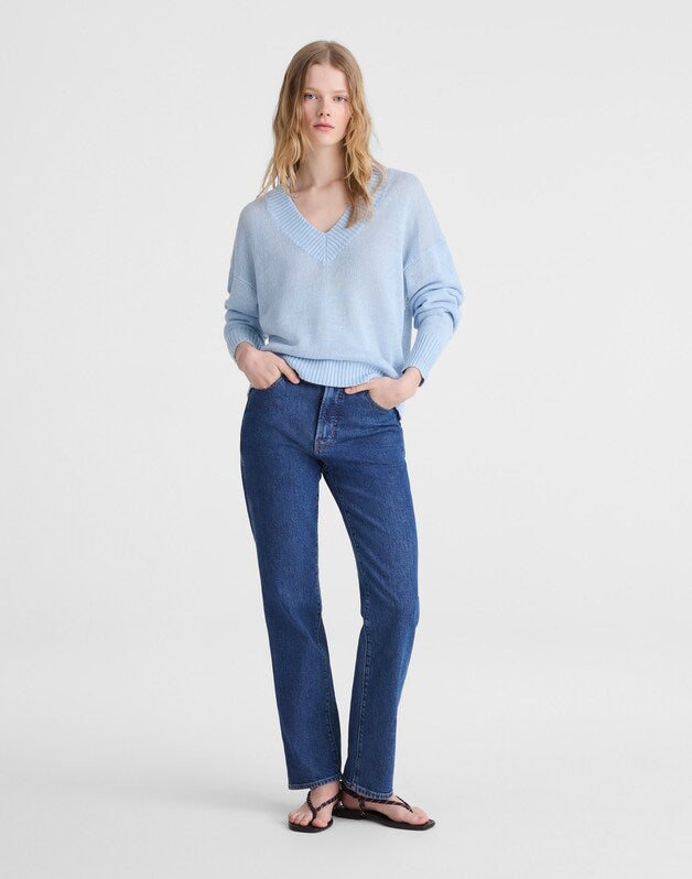 Deep V-Neck Sweater in 100% Linen PALE BLUE