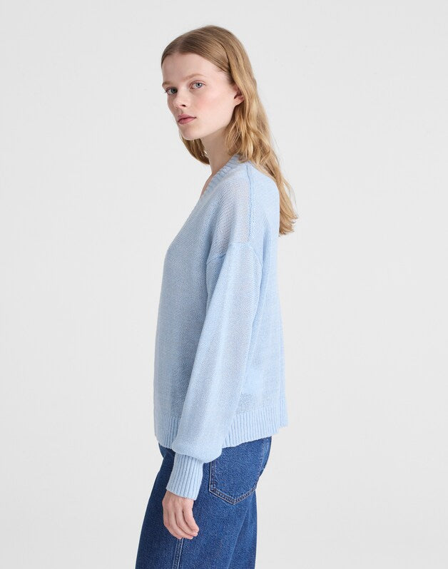 Deep V-Neck Sweater in 100% Linen PALE BLUE