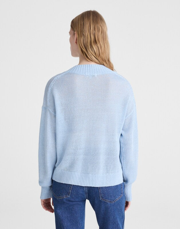 Deep V-Neck Sweater in 100% Linen PALE BLUE