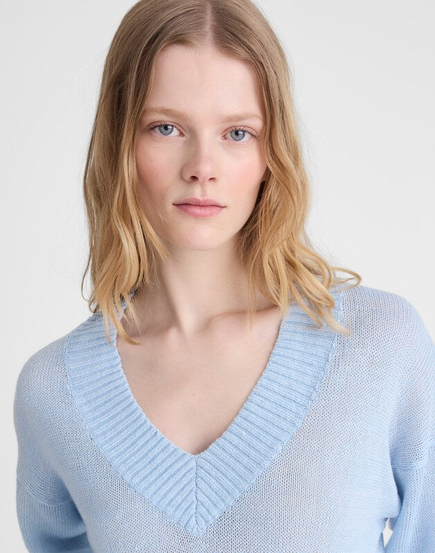 Deep V-Neck Sweater in 100% Linen PALE BLUE
