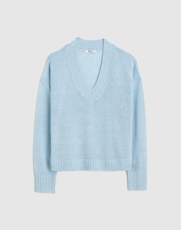 Deep V-Neck Sweater in 100% Linen PALE BLUE