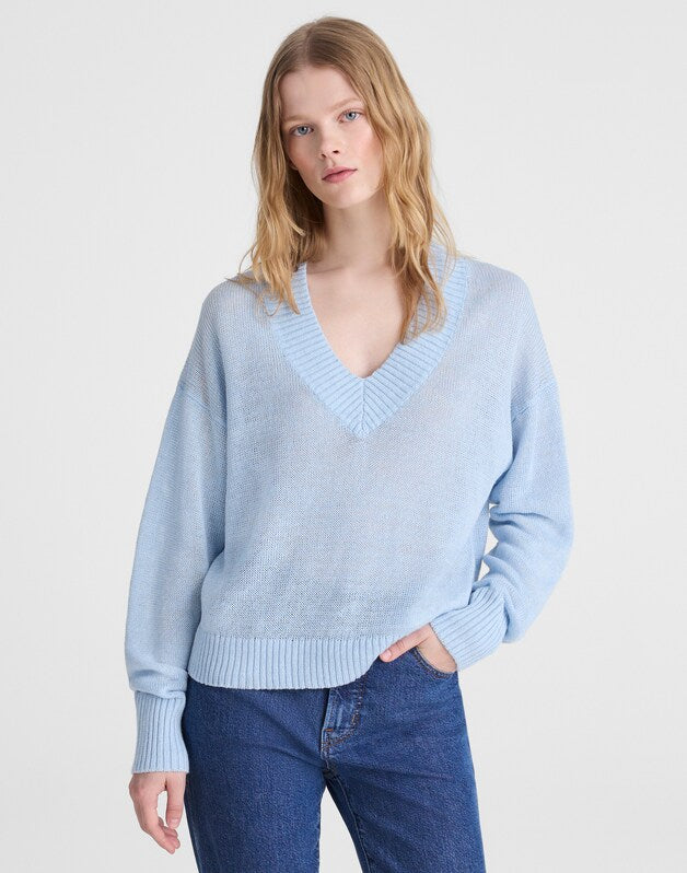 Deep V-Neck Sweater in 100% Linen PALE BLUE