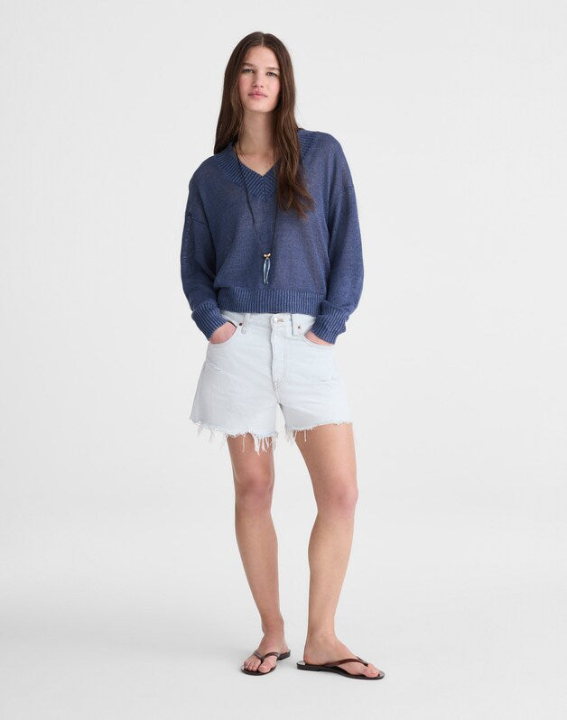 Deep V-Neck Sweater in 100% Linen PETROL NAVY